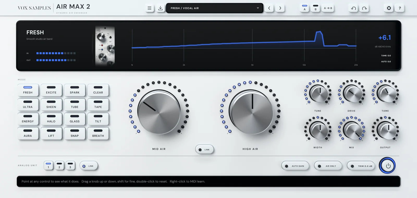 The whole Air Max 2 window on Fresh / Vocal Air with music playing: the display with the FRESH picture and the air curve at +6.0, sixteen mode keys, eight machined-aluminium knobs in rings of blue lamps, the ANALOG UNIT keys and LINK, the switches, the lit power button and the info bar