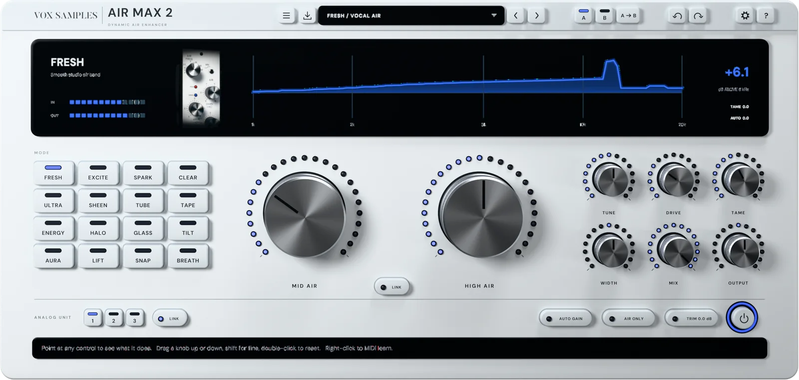 Air Max 2 from directly above, exactly as the plugin window looks: the preset Fresh / Vocal Air, the display with FRESH, its picture, the meters, the air curve and +6.0, sixteen mode keys with FRESH lit, MID AIR and HIGH AIR, six small knobs, ANALOG UNIT 1, 2 and 3 with 1 lit and LINK on, AUTO GAIN, AIR ONLY, TRIM 0.0 dB, the lit power ring and the info bar