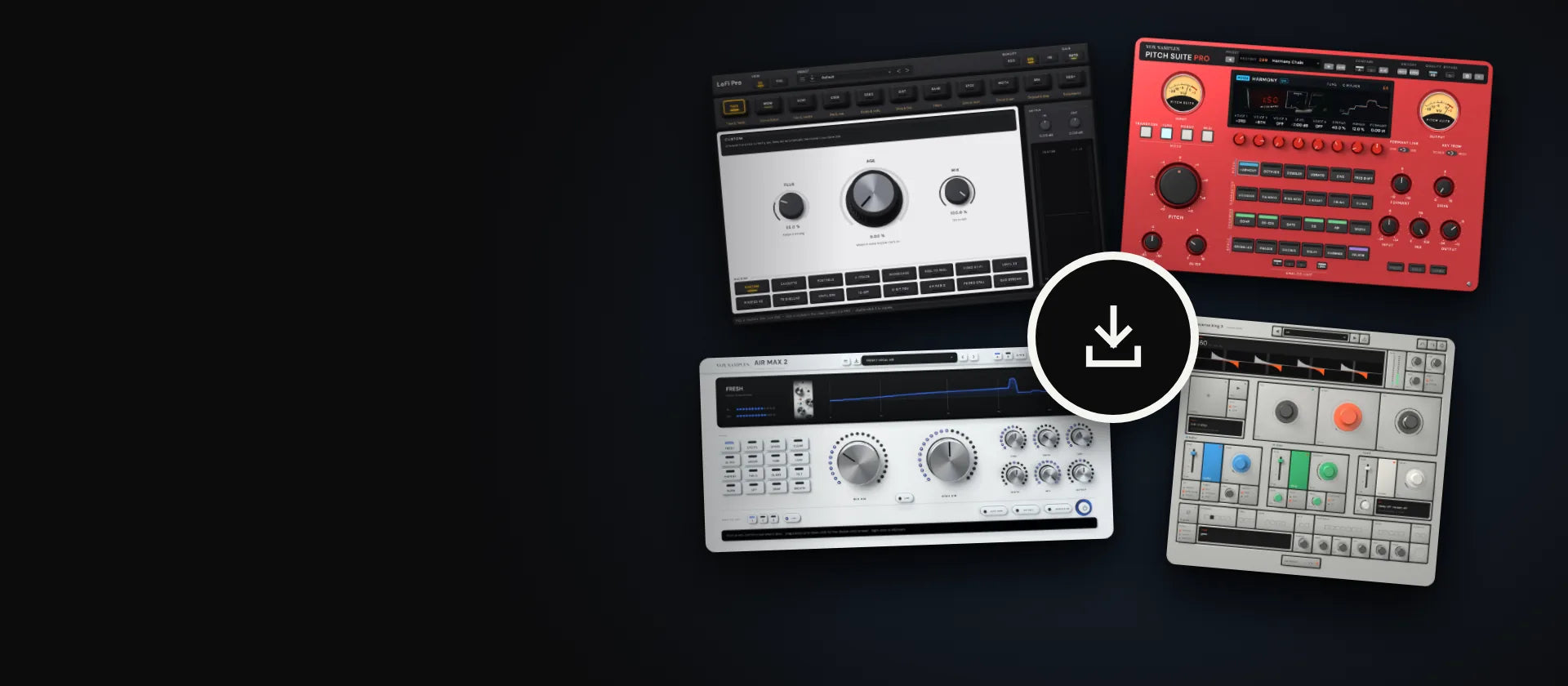 The windows of LoFi Pro 2, Pitch Suite Pro, Air Max 2 and Reverse King 3, with a download symbol.
