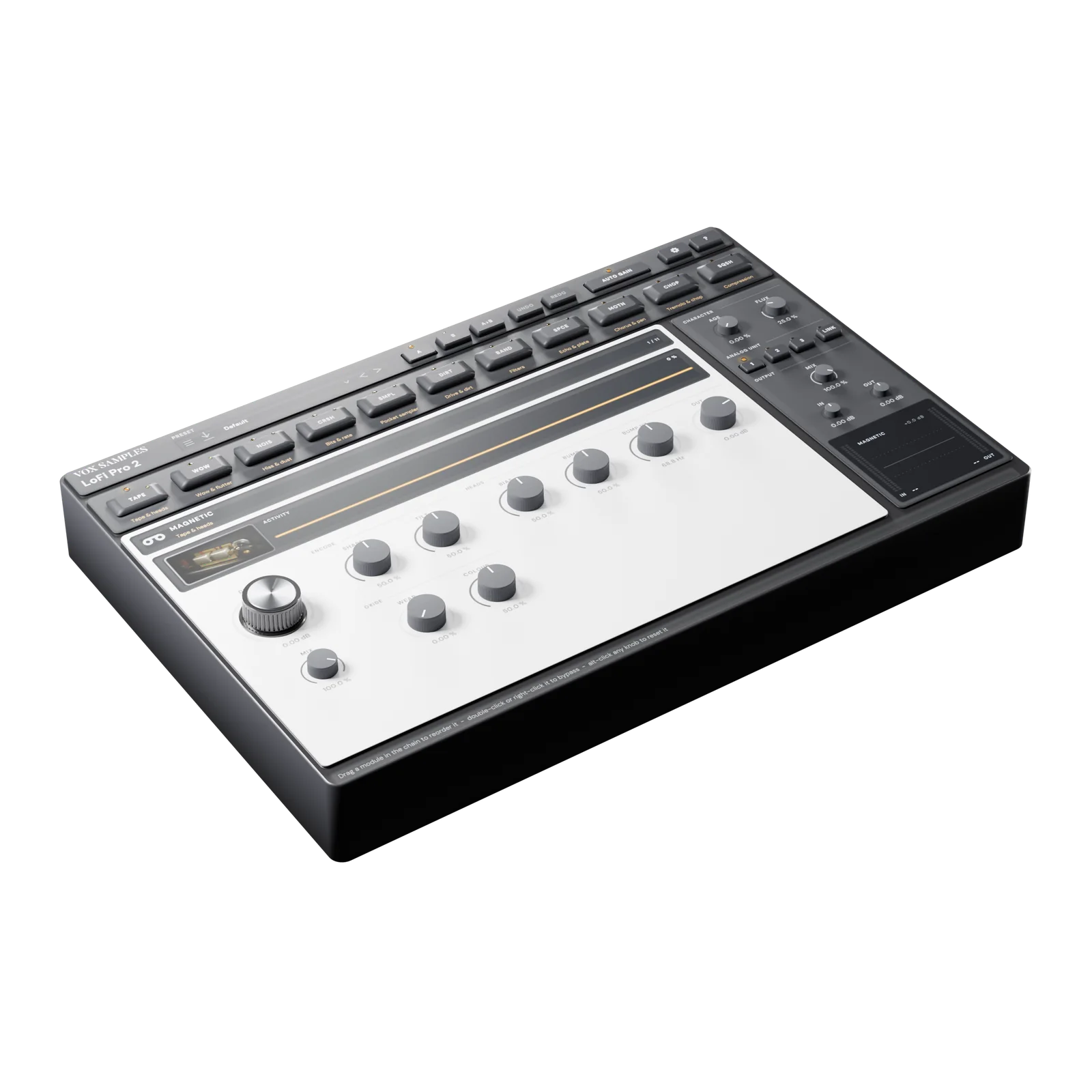 LoFi Pro 2 as a desktop unit, three-quarter view from the front left: a dark chassis with the chain of eleven module keys along the top, TAPE latched under its lit amber lamp; the white plate with MAGNETIC open, its picture of a tape head block beside the amber activity line, the large DRIVE knob with its aluminium top and the dark module knobs; and the rail at the right with AGE, FLUX, the ANALOG UNIT keys 1, 2, 3 and LINK, MIX, IN, OUT and the meter screen