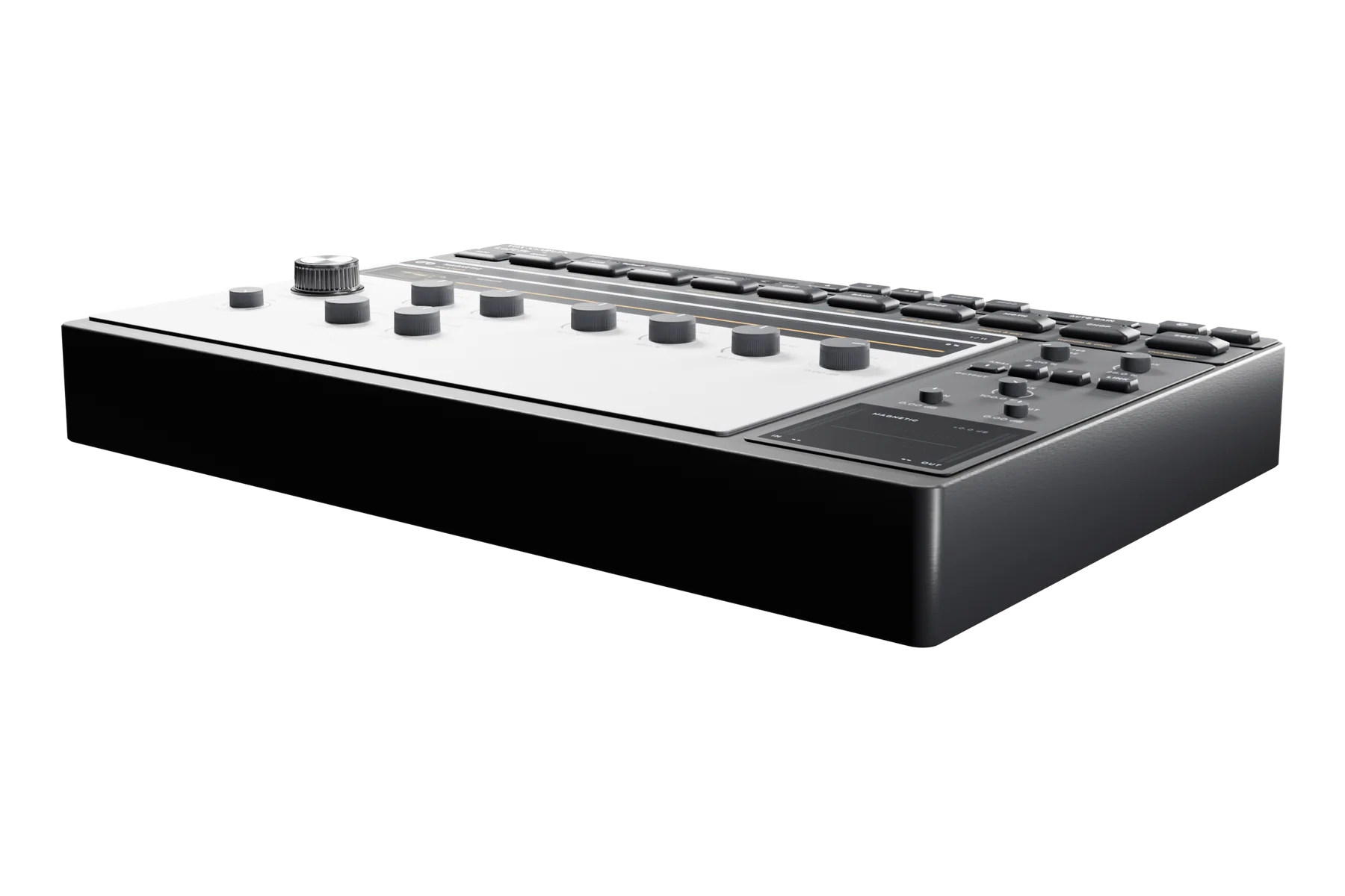 LoFi Pro 2 from just above desk height at the front right: the module knobs and chain keys standing up from the face, the rail and its meter screen at the right and the deep black body below