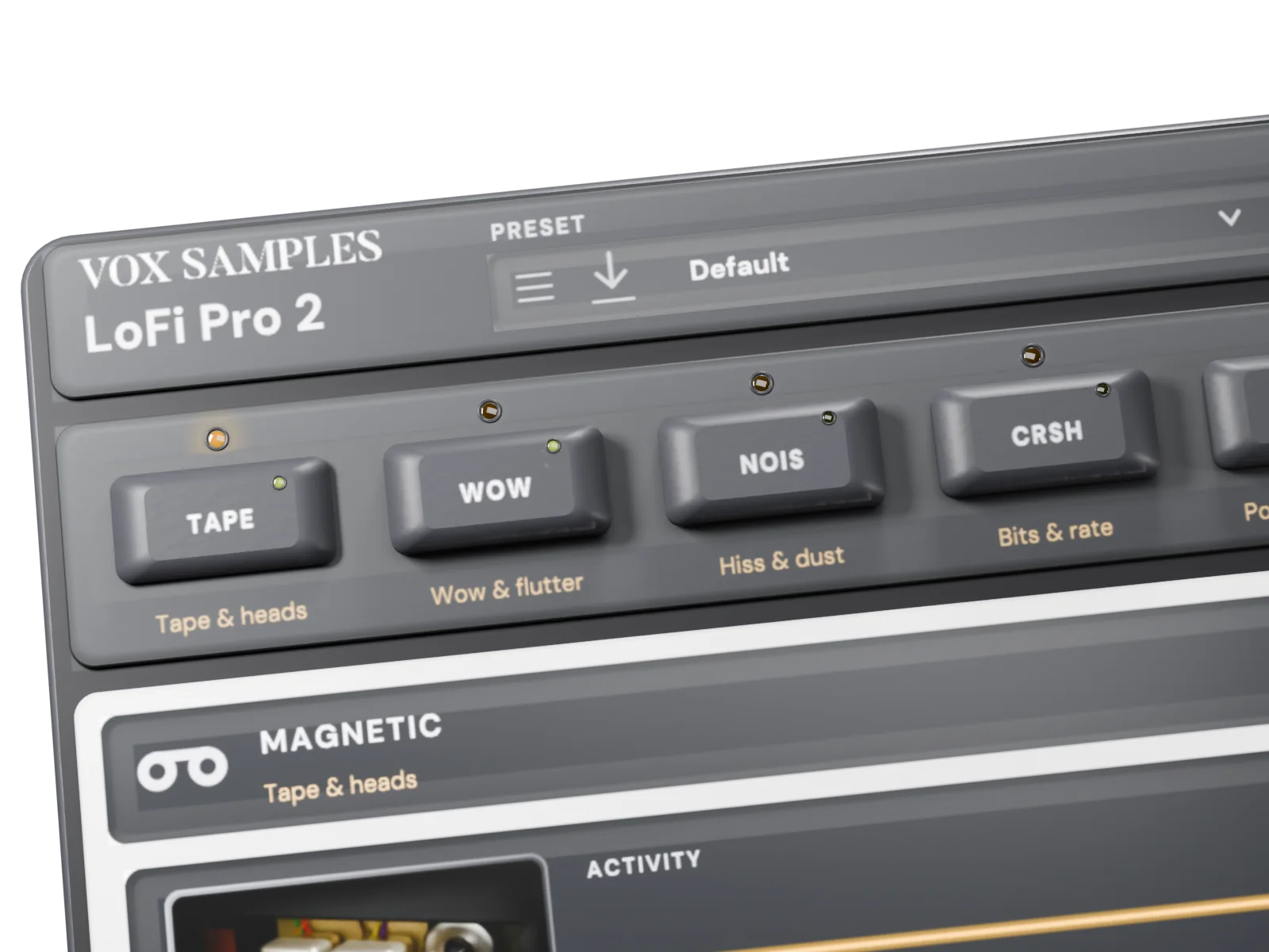 The chain strip from above: TAPE latched down under its lit amber lamp beside WOW, NOIS and CRSH, each key’s name printed under it in amber, the Vox Samples and LoFi Pro 2 header behind