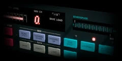 LoFi Pro 2, CRUSH: a rack sampler’s front panel, its LED level bar, a red digit and teal keys