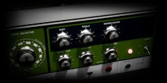 LoFi Pro 2, SPACE: the green control panel of a tape echo unit, its knobs and mode selector