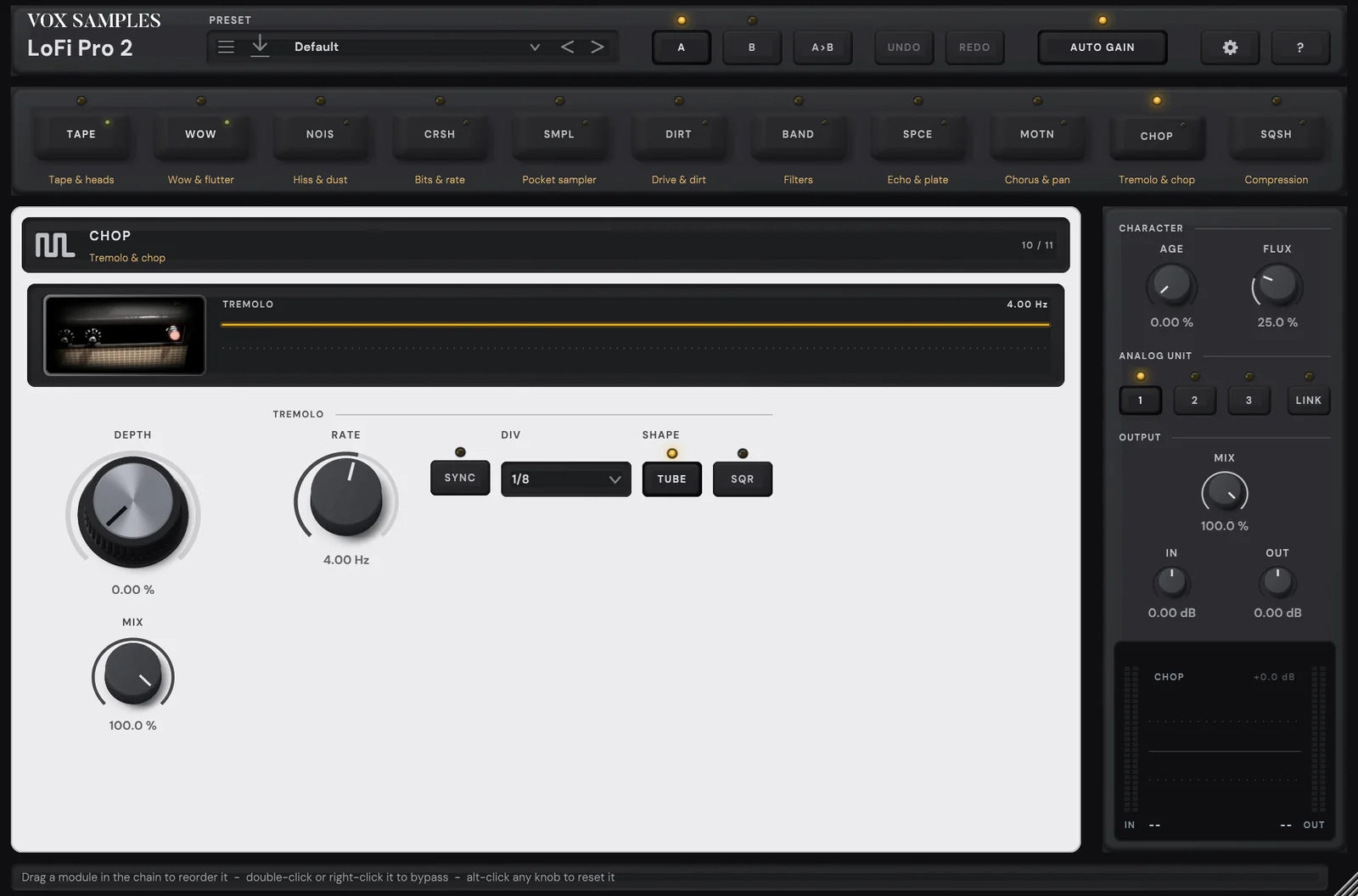 The LoFi Pro 2 page with CHOP open: its key latched in the chain, its picture, a cream valve combo amplifier’s control panel above its grille, beside its display, then DEPTH, RATE, SYNC, DIV and the shape keys, and the rail with AGE, FLUX, ANALOG UNIT, MIX, IN and OUT