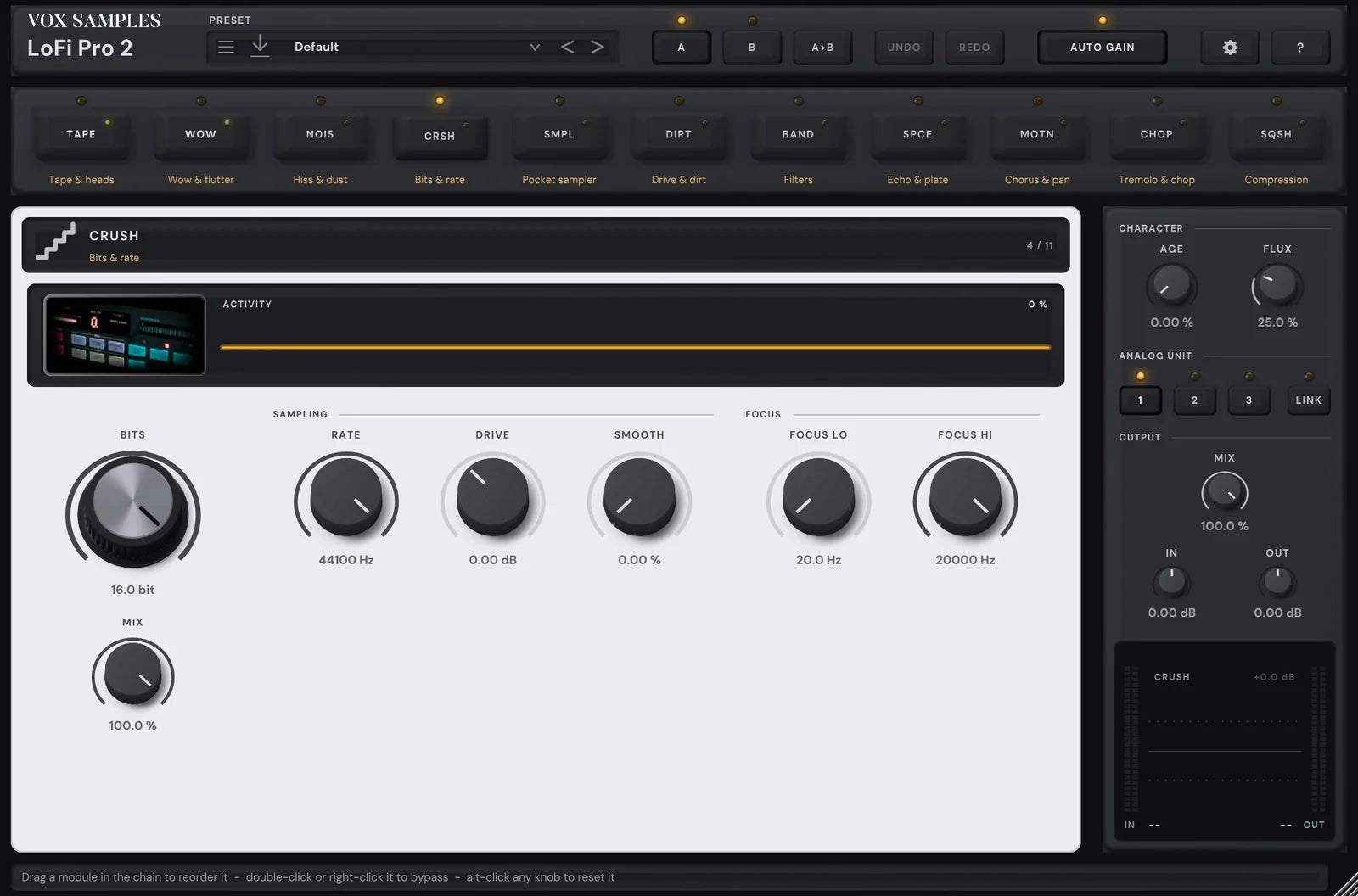 The LoFi Pro 2 page with CRUSH open: its key latched in the chain, its picture, a rack sampler’s front panel, its LED level bar, a red digit and teal keys, beside its display, then BITS and the sampling and focus controls, and the rail with AGE, FLUX, ANALOG UNIT, MIX, IN and OUT