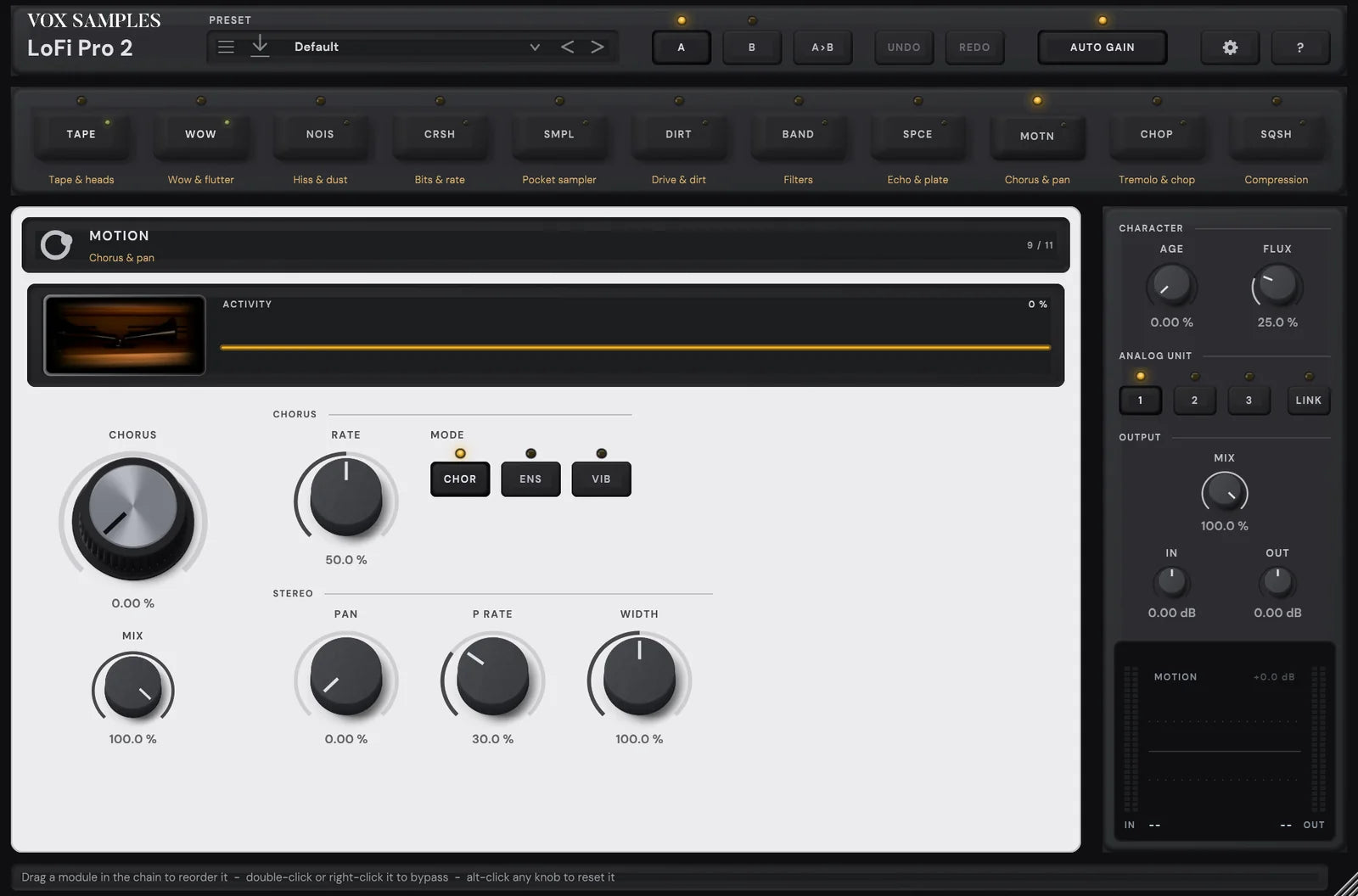 The LoFi Pro 2 page with MOTION open: its key latched in the chain, its picture, the horn rotor inside a rotating speaker cabinet, its back off, beside its display, then CHORUS, the chorus mode keys and the stereo controls, and the rail with AGE, FLUX, ANALOG UNIT, MIX, IN and OUT