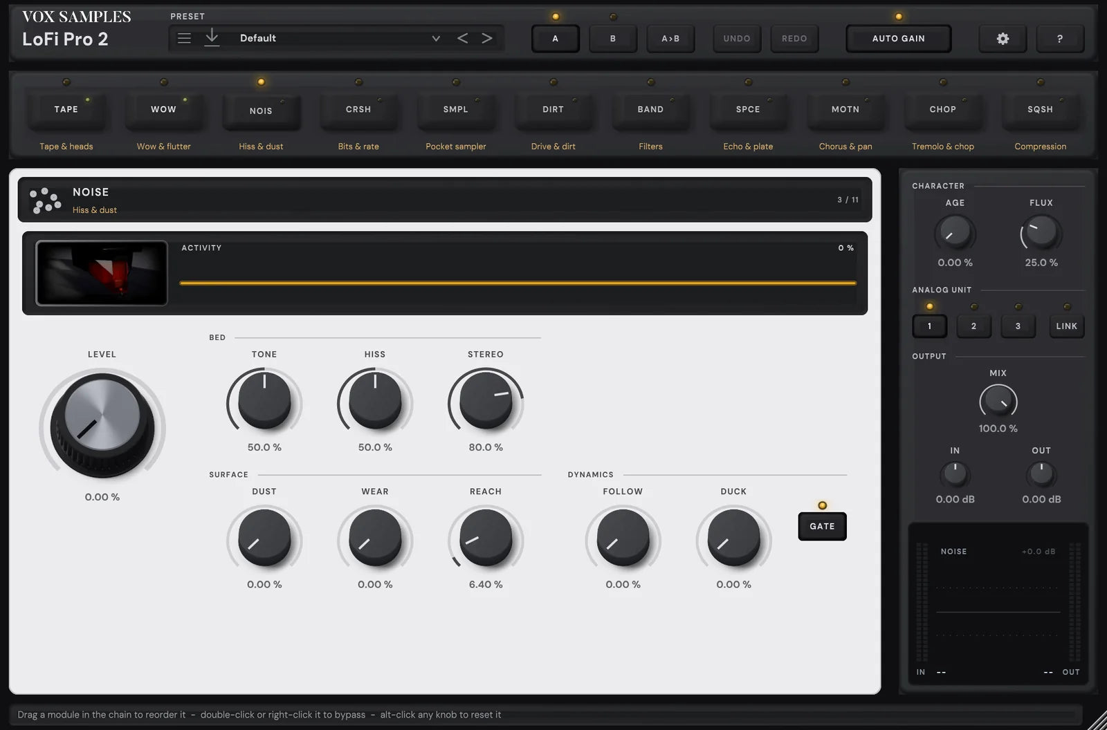 The LoFi Pro 2 page with NOISE open: its key latched in the chain, its picture, a red stylus cartridge low over a dusty record, beside its display, then LEVEL, the bed, surface and dynamics knobs and the GATE key, and the rail with AGE, FLUX, ANALOG UNIT, MIX, IN and OUT