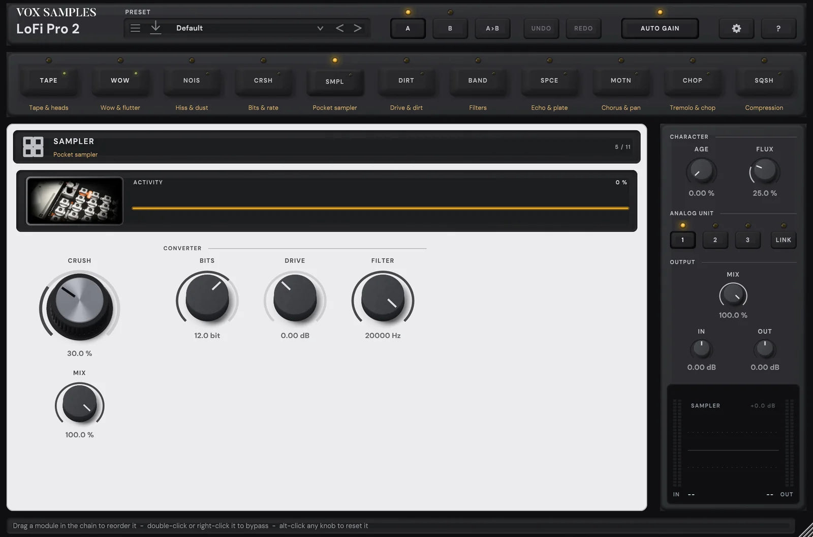 The LoFi Pro 2 page with SAMPLER open: its key latched in the chain, its picture, close on a pocket sampler’s pads and coloured keys, beside its display, then CRUSH and the converter controls, and the rail with AGE, FLUX, ANALOG UNIT, MIX, IN and OUT