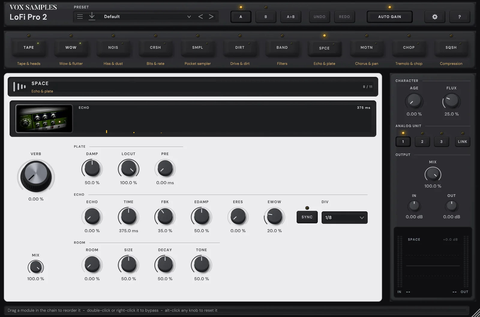 The LoFi Pro 2 page with SPACE open: its key latched in the chain, its picture, the green control panel of a tape echo unit, its knobs and mode selector, beside its display, then VERB and the plate, echo and room knobs, and the rail with AGE, FLUX, ANALOG UNIT, MIX, IN and OUT