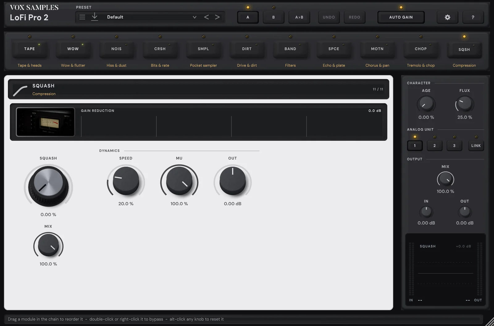 The LoFi Pro 2 page with SQUASH open: its key latched in the chain, its picture, close on a black rack compressor’s lit needle meter and ratio switch, beside its display, then SQUASH, SPEED, MU and OUT, and the rail with AGE, FLUX, ANALOG UNIT, MIX, IN and OUT