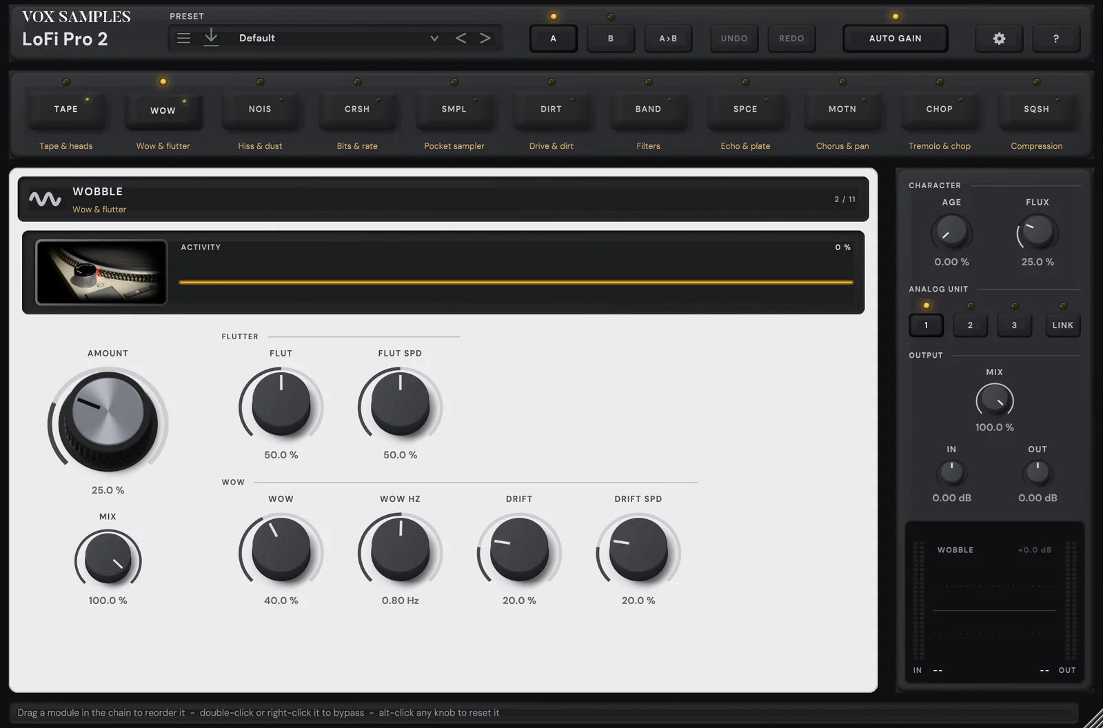 The LoFi Pro 2 page with WOBBLE open: its key latched in the chain, its picture, close on a turntable platter’s rim of strobe dots beside its pitch knob, beside its display, then AMOUNT and the flutter, wow and drift controls, and the rail with AGE, FLUX, ANALOG UNIT, MIX, IN and OUT