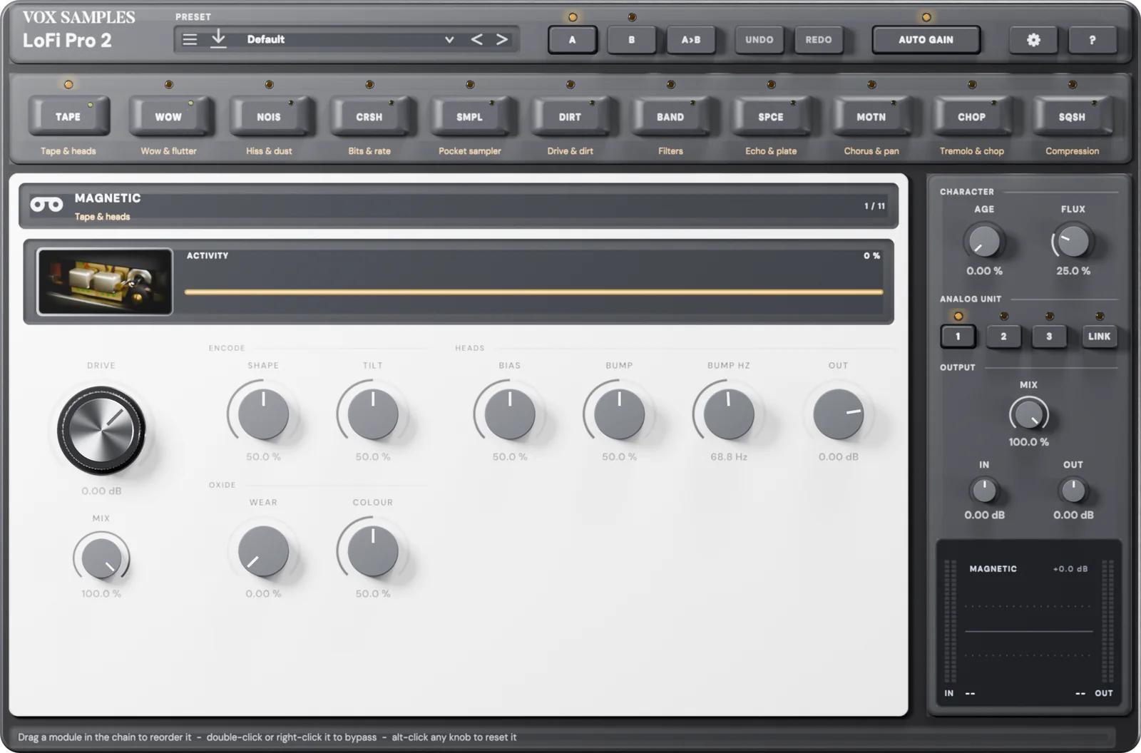 LoFi Pro 2 straight down, exactly as the plugin window looks: the preset box reading Default and AUTO GAIN lit; the chain of eleven module keys with TAPE latched; MAGNETIC open with its tape-head picture and activity line, DRIVE, MIX and the encode, heads and oxide knobs; and the rail with AGE at 0 %, FLUX at 25 %, ANALOG UNIT 1 latched, LINK, MIX at 100 %, IN, OUT and the meter screen