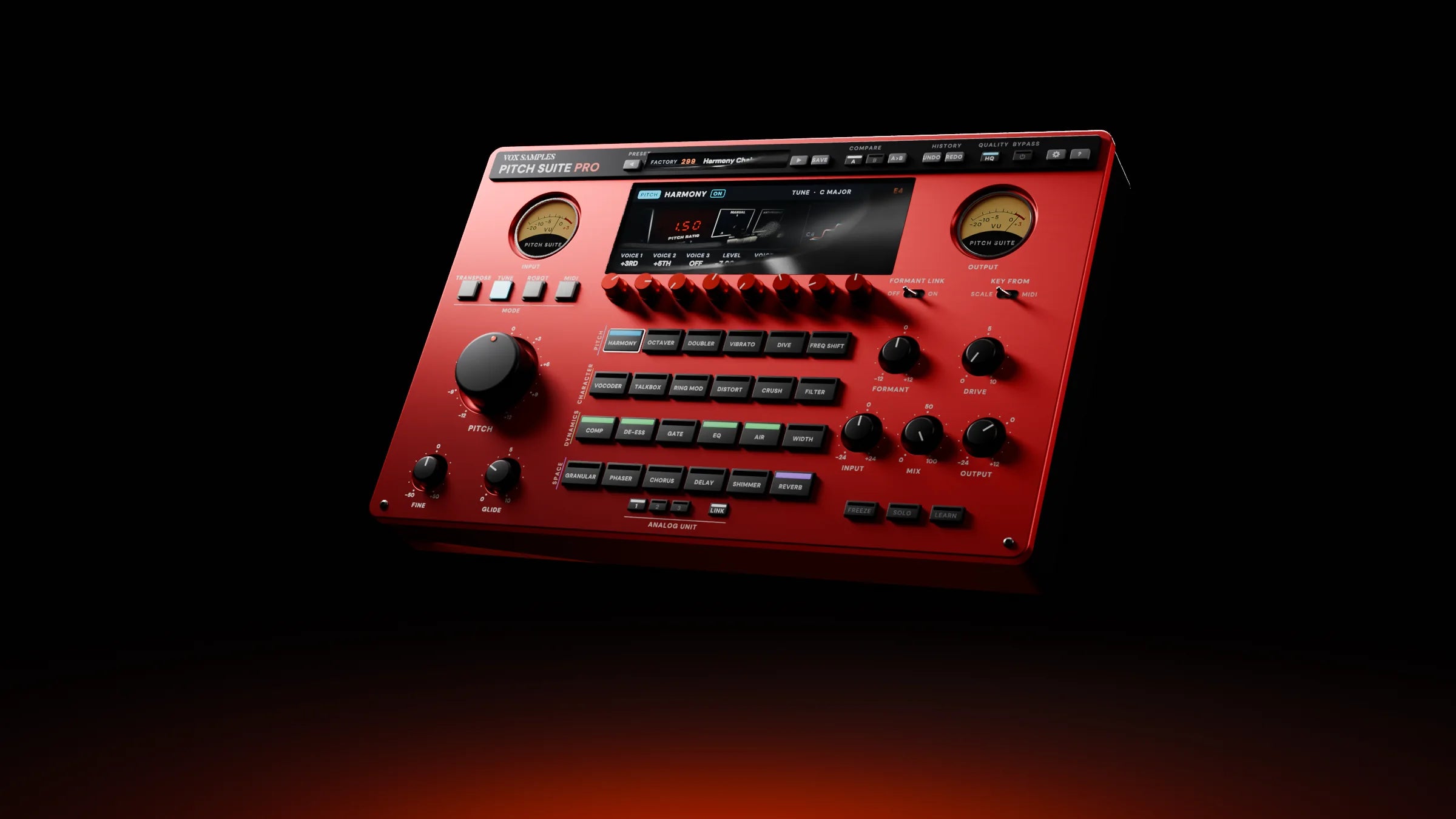 Pitch Suite Pro tilted in a black space, rim-lit, with a red-orange glow on the floor beneath it