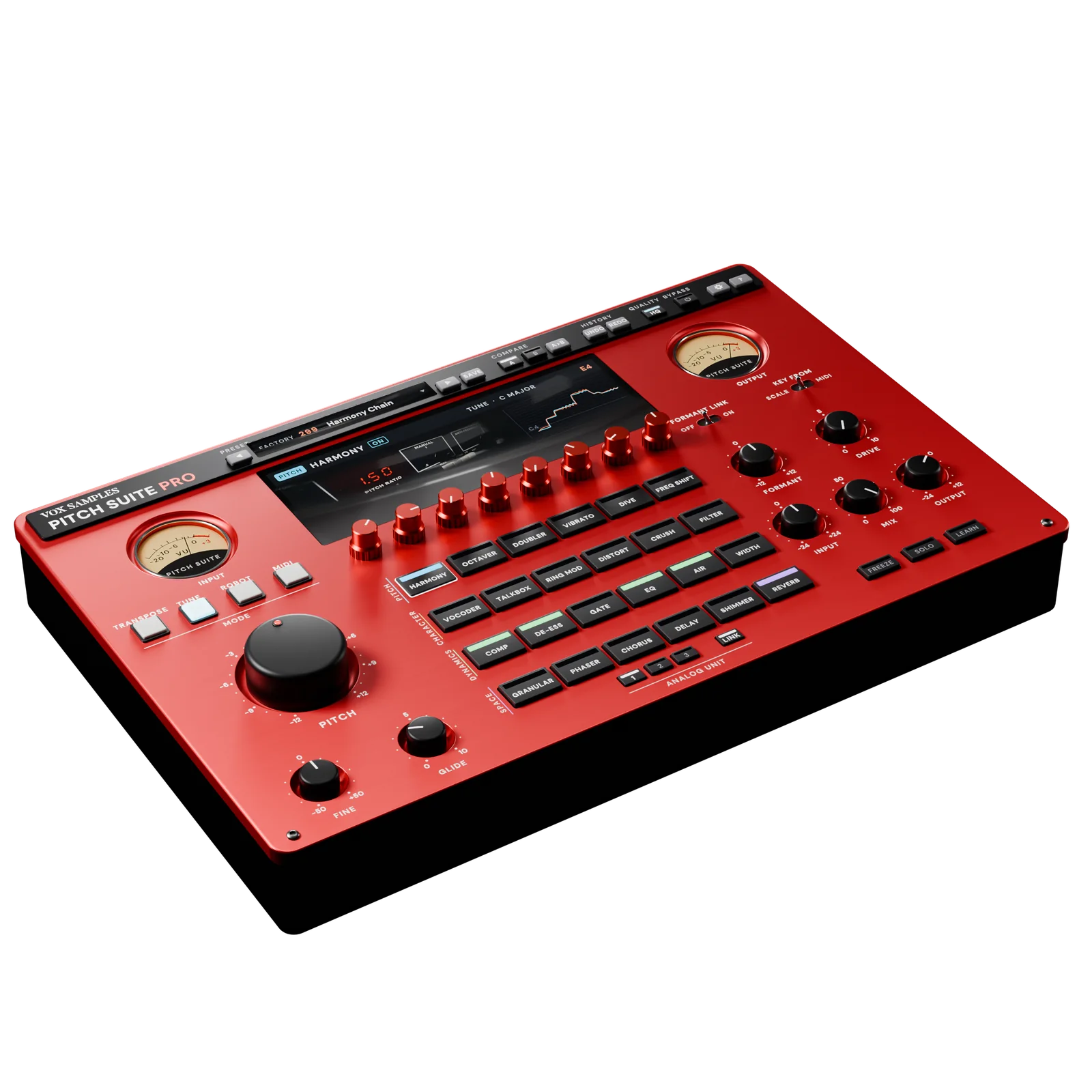 Pitch Suite Pro three-quarter from the front left: the red front plate with its screen showing the HARMONY module’s picture of a rack harmony processor beside a pitch trace, two cream VU meters, eight red encoders, the big black PITCH knob and 24 module switches with HARMONY latched and COMP, DE-ESS, EQ, AIR and REVERB lit, and the ANALOG UNIT keys 1, 2, 3 and LINK under them