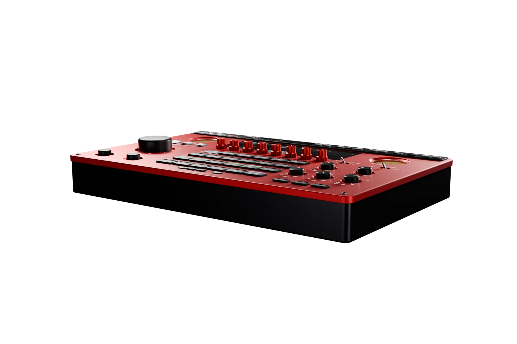 Pitch Suite Pro from just above desk height at the front right: the red front plate on its charcoal body, the PITCH knob and the row of red encoders standing above the panel