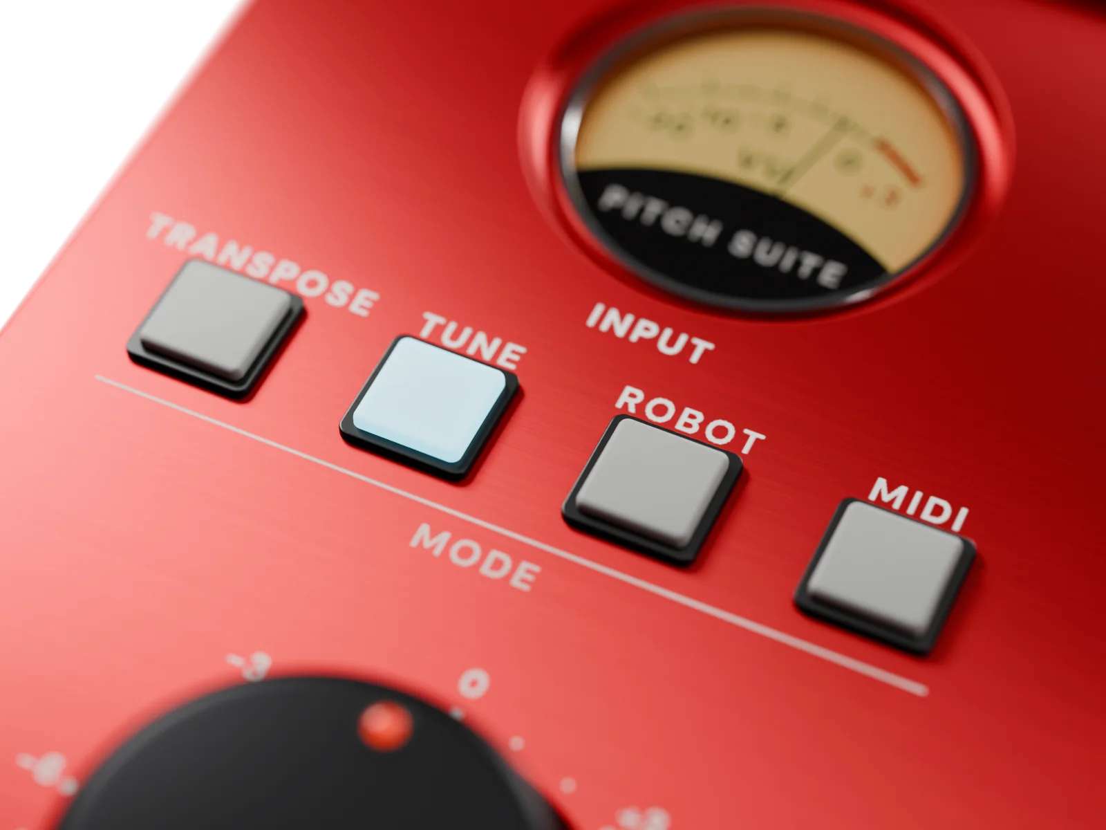 The four MODE keys, TRANSPOSE, TUNE (lit pale blue), ROBOT and MIDI, from the front right and above, with the INPUT VU meter behind them