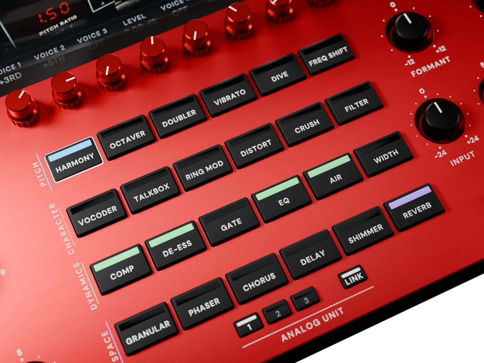 The 24 module switches nearly from above, in PITCH, CHARACTER, DYNAMICS and SPACE rows, their lamp windows lit for HARMONY (latched and edged in white), COMP, DE-ESS, EQ, AIR and REVERB, and below them the ANALOG UNIT keys with 1 and LINK lit