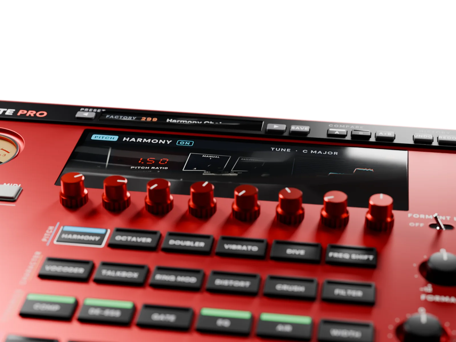 The screen from the front and a little above: PITCH, HARMONY, ON and TUNE / C MAJOR across the top, the rack harmony processor picture with its red ratio readout, the pitch trace and the eight red encoders with white pointer lines in front