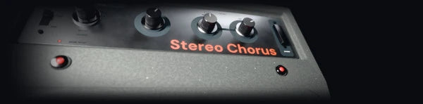 Pitch Suite Pro, CHORUS: a grey stereo chorus floor unit, plugged in, its knobs along the back