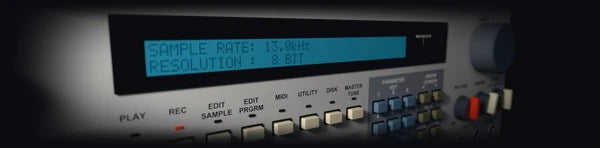 Pitch Suite Pro, CRUSH: a light-grey rack sampler with a floppy drive, its backlit display lit