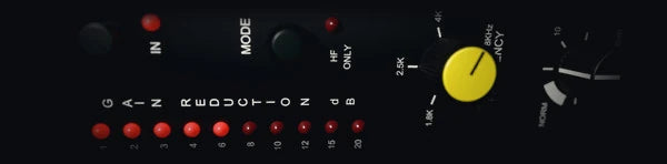 Pitch Suite Pro, DE-ESS: a black rack de-esser module on its side, a yellow frequency knob and a red gain-reduction ladder