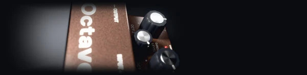 Pitch Suite Pro, OCTAVER: a brown octave pedal, plugged in, seen from its toe