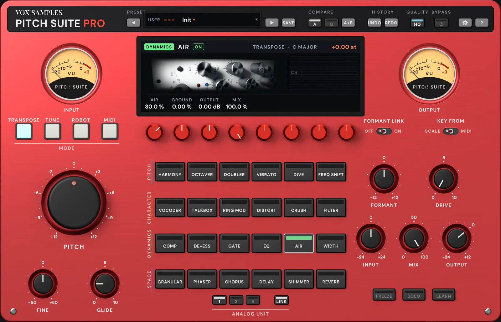 The Pitch Suite Pro panel with AIR selected: the screen pictures a pale-grey air EQ module with aluminium knobs