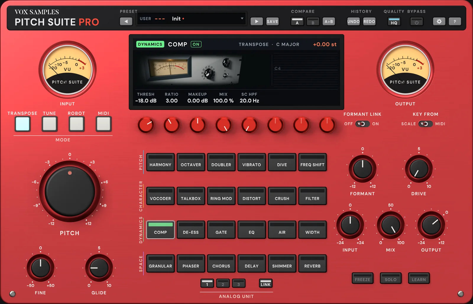 The Pitch Suite Pro panel with COMP selected: the screen pictures a silver optical levelling amplifier’s VU meter and gain knob