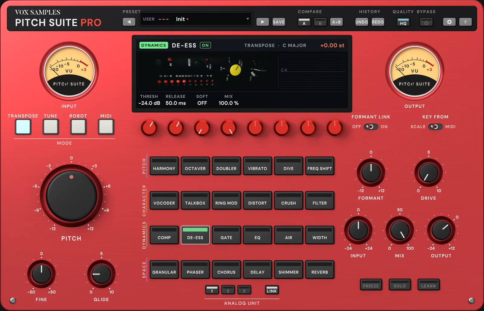 The Pitch Suite Pro panel with DE-ESS selected: the screen pictures a black rack de-esser module on its side, a yellow frequency knob and a red gain-reduction ladder