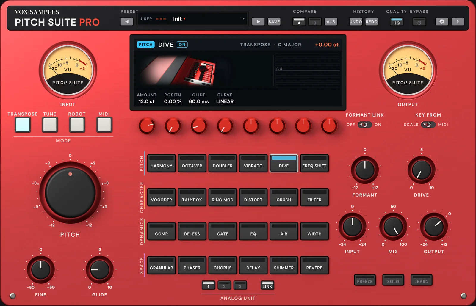 The Pitch Suite Pro panel with DIVE selected: the screen pictures a red treadle pitch pedal, plugged in, its interval lamps lit