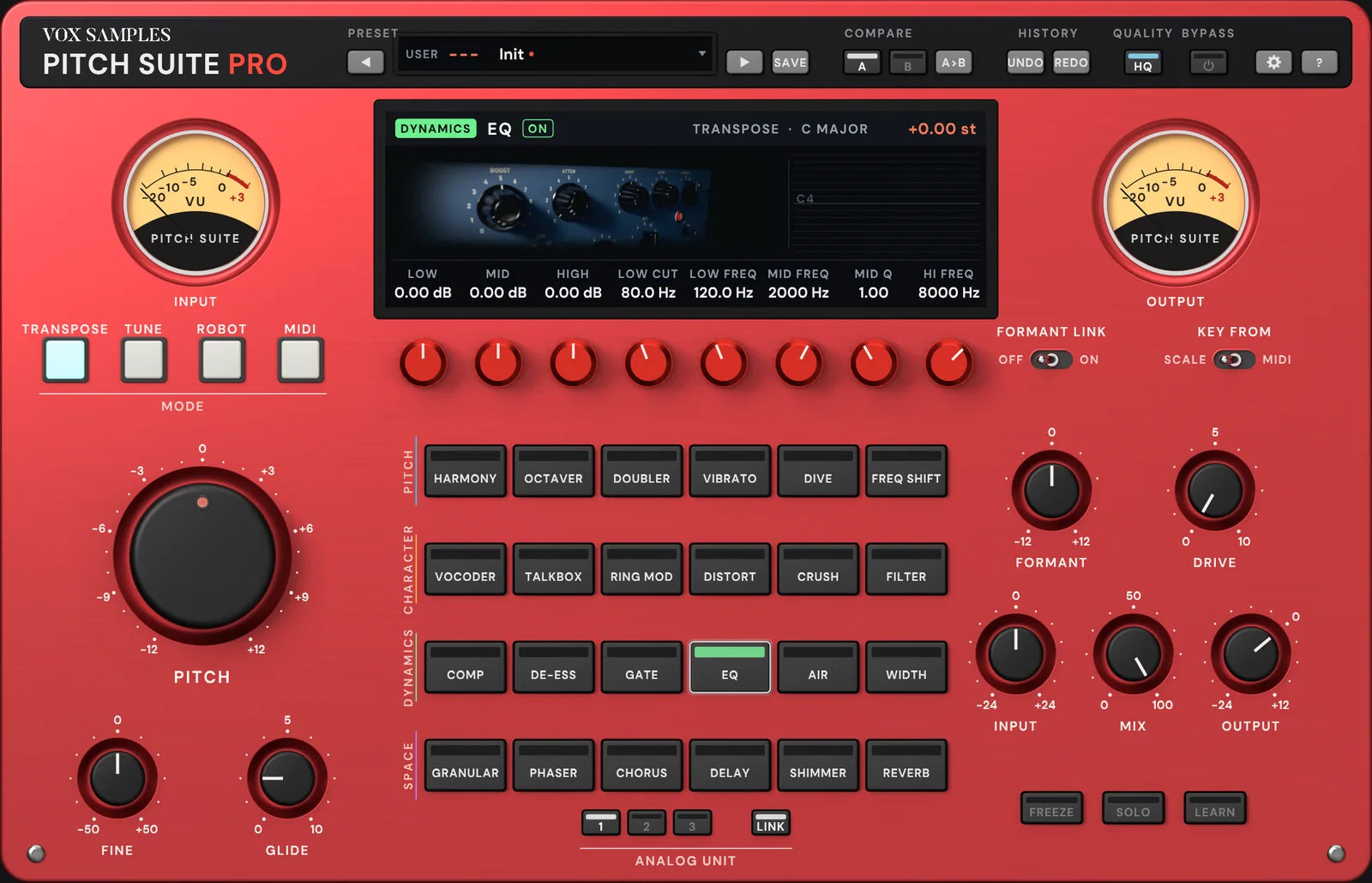 The Pitch Suite Pro panel with EQ selected: the screen pictures a blue-grey passive tube program equaliser with boost and atten knobs