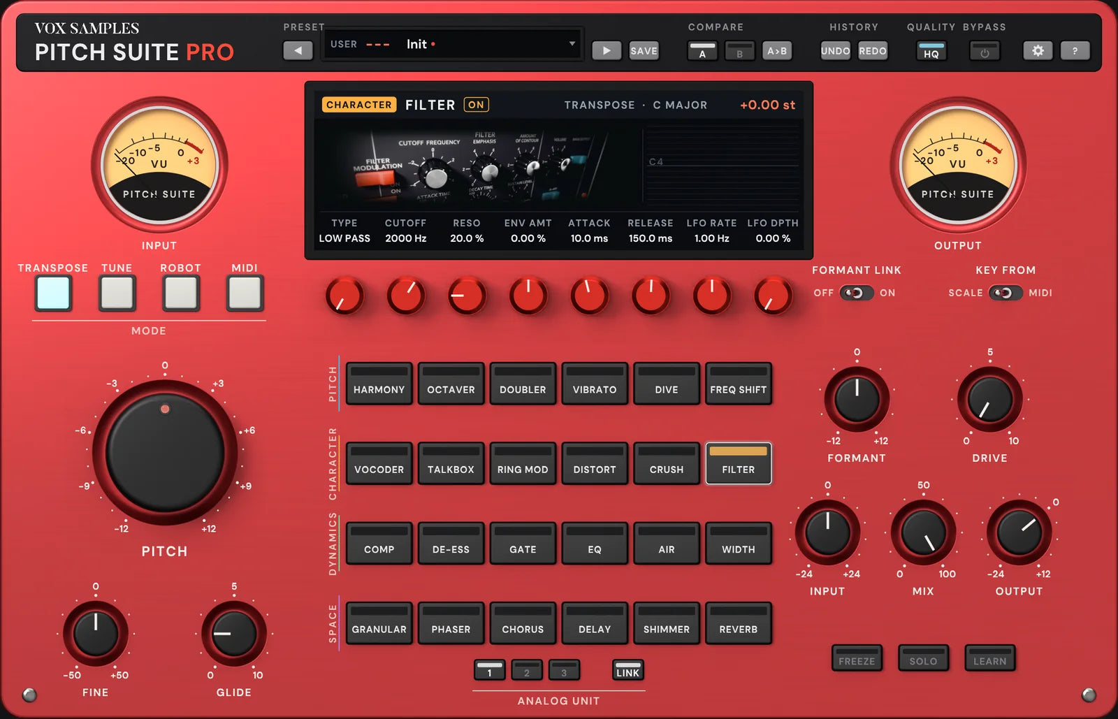 The Pitch Suite Pro panel with FILTER selected: the screen pictures the filter section of a keyboard synthesizer’s control panel, its cutoff and emphasis knobs