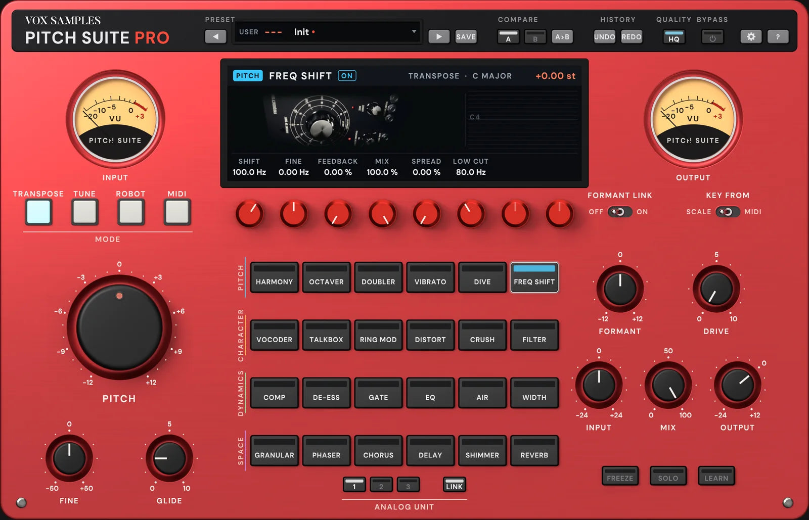 The Pitch Suite Pro panel with FREQ SHIFT selected: the screen pictures a black modular frequency-shifter module on its side, its large shift dial in the middle