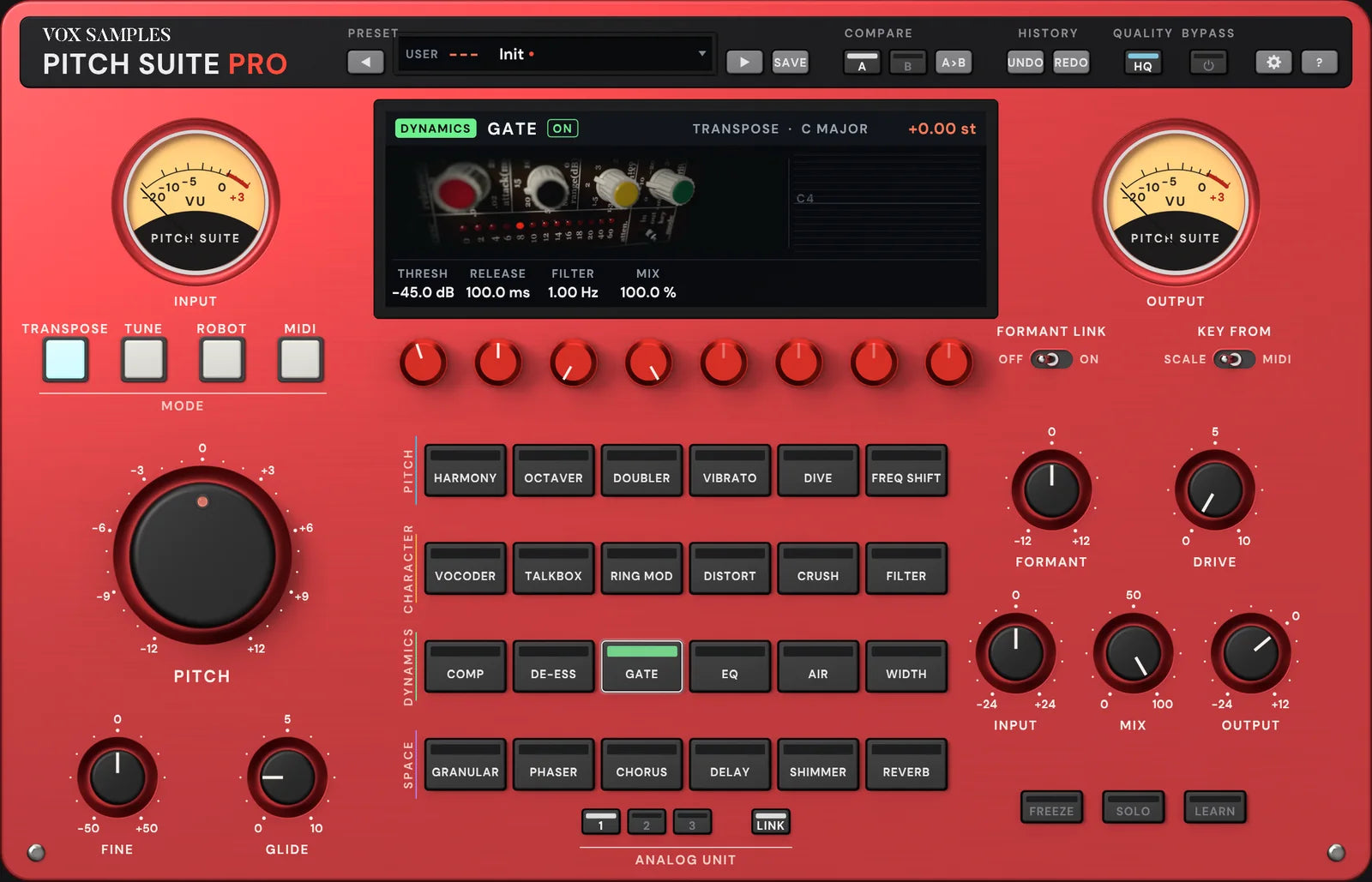 The Pitch Suite Pro panel with GATE selected: the screen pictures a brown gate module on its side with colour-capped knobs and a row of attenuation lamps