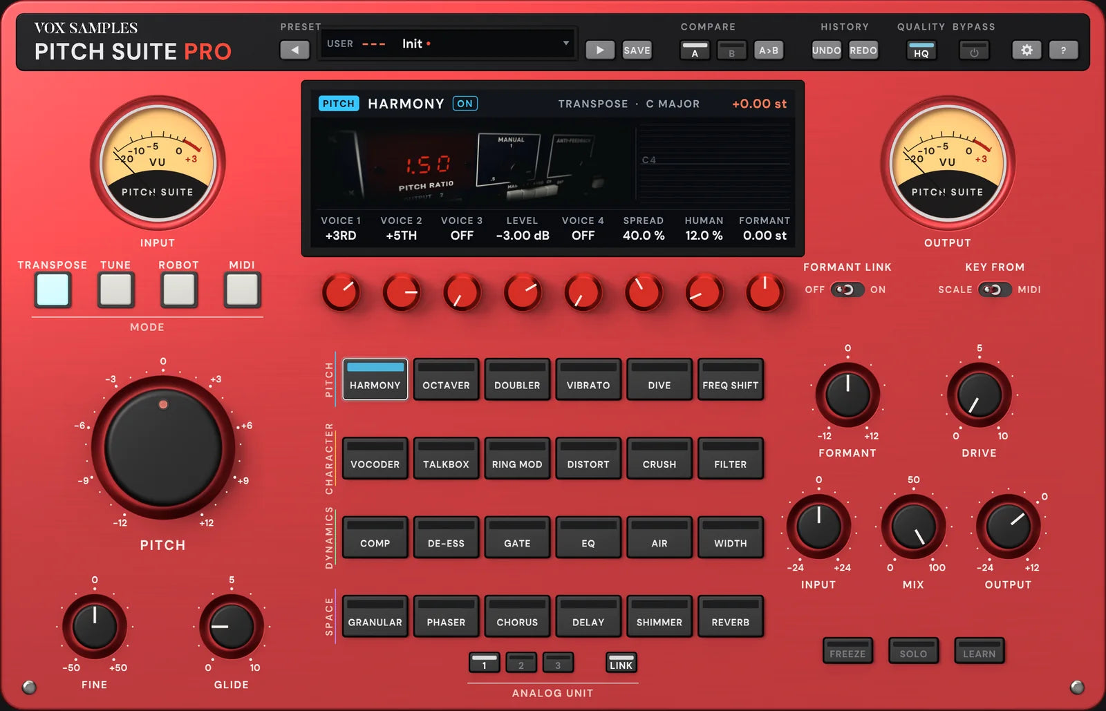 The Pitch Suite Pro panel with HARMONY selected: the screen pictures a black rack harmony processor, its red readout showing a pitch ratio