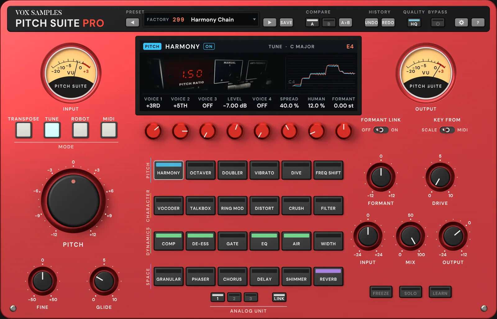The whole Pitch Suite Pro panel playing the Harmony Chain preset: the screen shows HARMONY with its picture and a stepped pitch trace, both VU needles moving, TUNE mode in C MAJOR, HARMONY, COMP, DE-ESS, EQ, AIR and REVERB switched on, and ANALOG UNIT 1 with LINK under the module switches