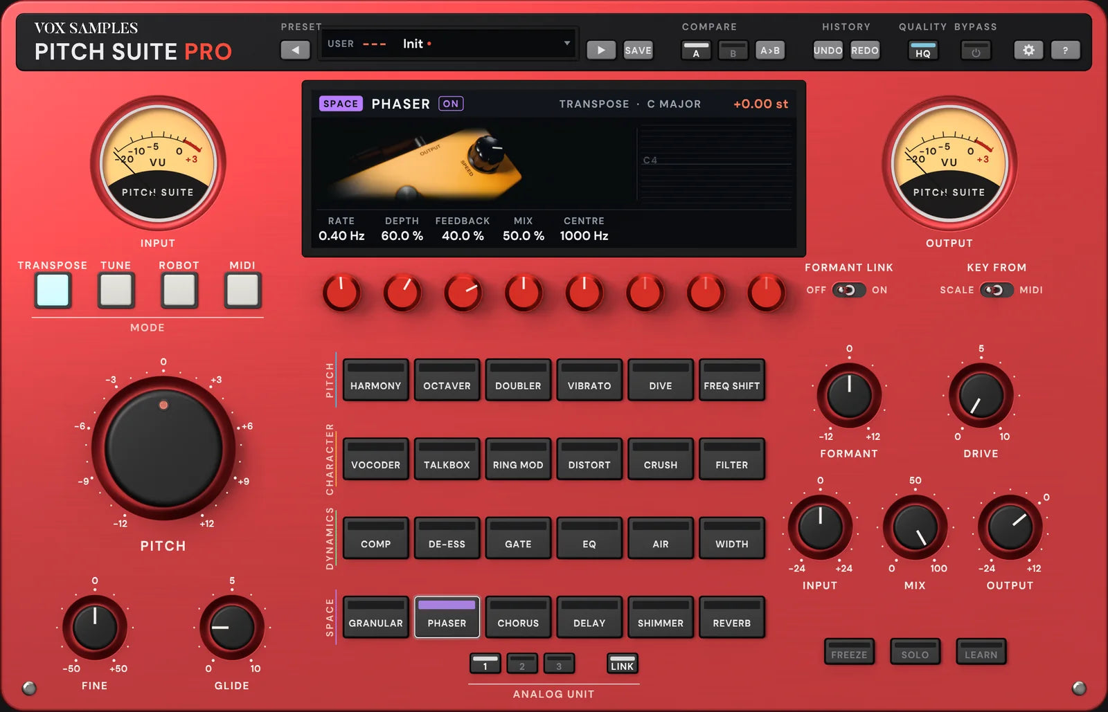 The Pitch Suite Pro panel with PHASER selected: the screen pictures an orange one-knob phase pedal, plugged in