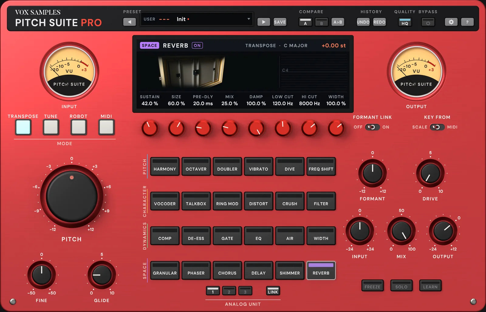The Pitch Suite Pro panel with REVERB selected: the screen pictures a steel reverb plate in its open frame