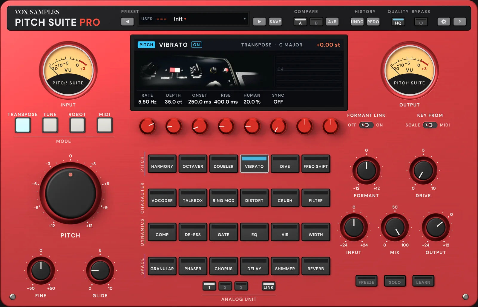 The Pitch Suite Pro panel with VIBRATO selected: the screen pictures a photocell vibe unit’s control panel, its chorus / vibrato switch and intensity knob