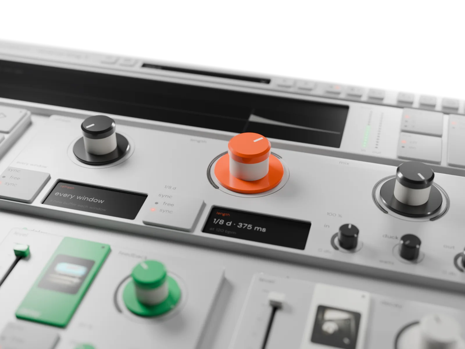 The main panel close up from the front right: the orange length knob reading 1/8 d at 375 ms, the refresh knob and its “every window” screen, and the mix knob