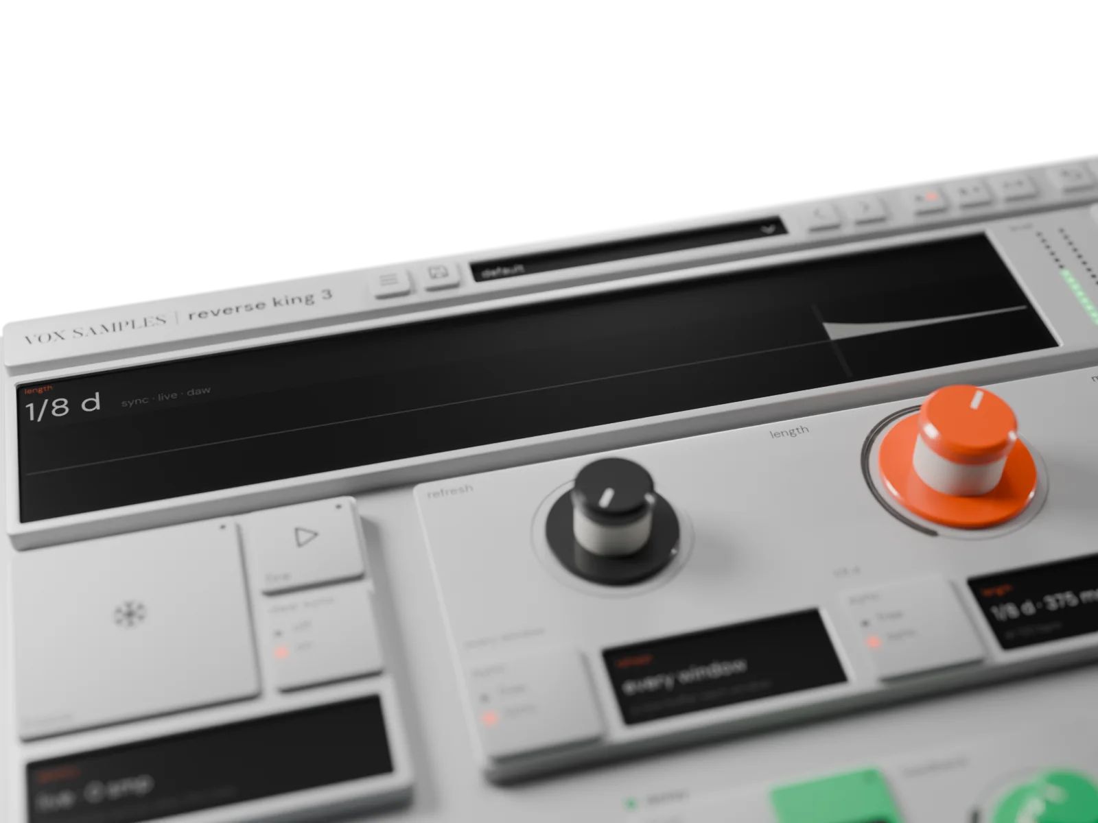 The timeline screen at 45 degrees from the front: the large 1/8 d readout with sync, live and daw above the timeline, the refresh and orange length knobs in front