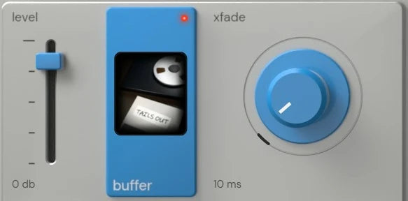 Reverse King 3, BUFFER: the buffer engine on the panel: its level fader, the blue buffer key with its picture of a reel of studio tape and its box, and the xfade knob