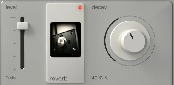 Reverse King 3, REVERB: the reverb engine on the panel: its level fader, the white reverb key with its picture of the driver on a steel plate, and the decay knob