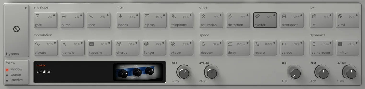 The Reverse King 3 rack on exciter: the 24 named keys, and the module screen with its picture of a silver rack harmonic exciter with blue-trimmed drive, tune and mix knobs beside the area and amount knobs