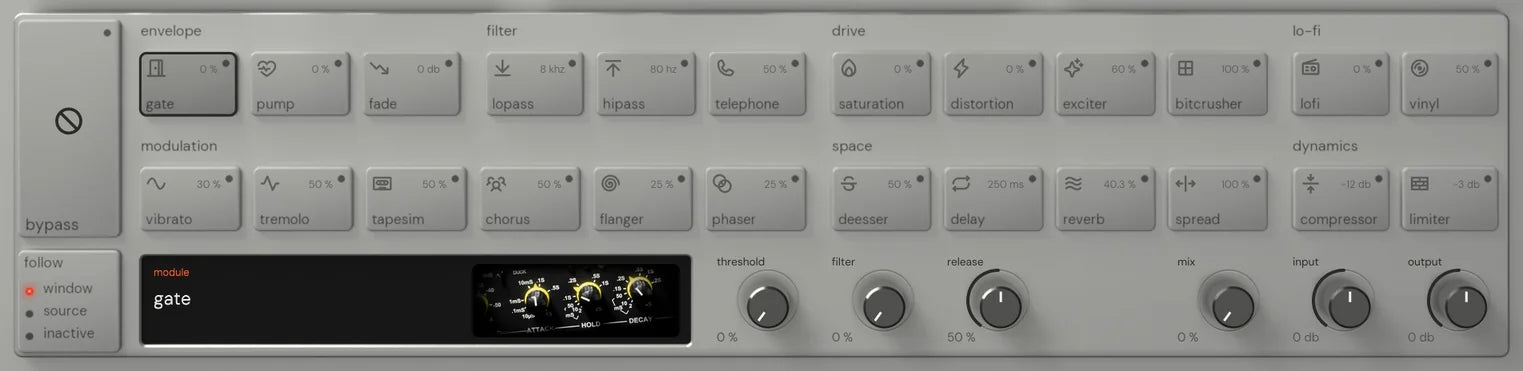 The Reverse King 3 rack on gate: the 24 named keys, and the module screen with its picture of a dual-channel rack noise gate with yellow-capped knobs beside the threshold, filter and release knobs