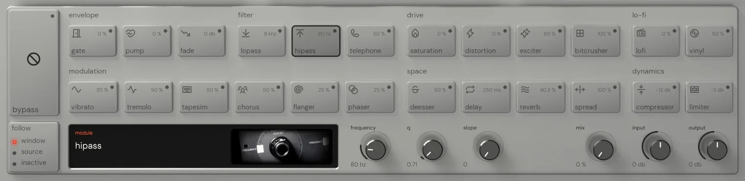 The Reverse King 3 rack on hipass: the 24 named keys, and the module screen with its picture of a black filter-set panel with large engraved cutoff dials beside the frequency, q and slope knobs