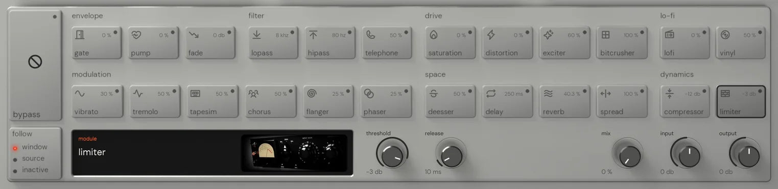 The Reverse King 3 rack on limiter: the 24 named keys, and the module screen with its picture of a tube program limiter with a VU meter and large knobs beside the threshold and release knobs
