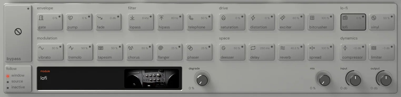 The Reverse King 3 rack on lofi: the 24 named keys, and the module screen with its picture of a silver portable cassette boombox beside the degrade knobs