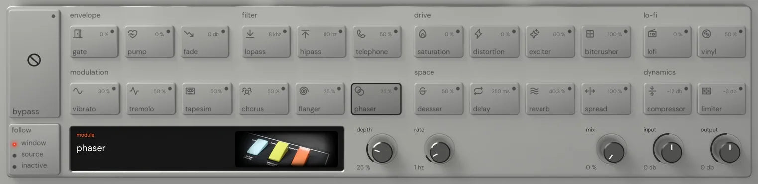 The Reverse King 3 rack on phaser: the 24 named keys, and the module screen with its picture of a phase-shifter box with three coloured rocker switches beside the depth and rate knobs